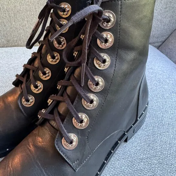Freda Salvador Ralf Boots Combat Silver Hardware Black Leather Sz 8.5