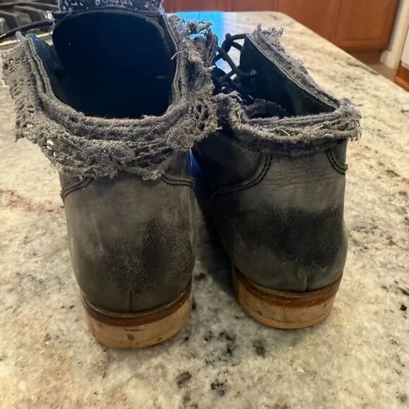 Free People 7.5-8/38 Vaughn Gray Leather Distressed Crochet Trim Combat Boots