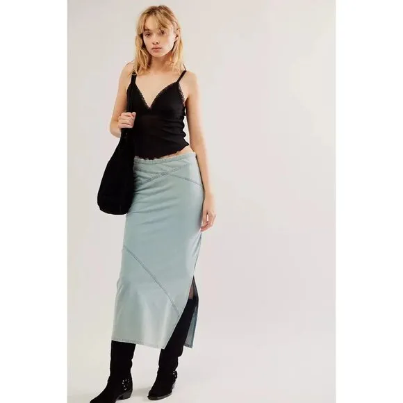 Free People $98 Muse Moment Mid Rise Chambray Slip Skirt NEW