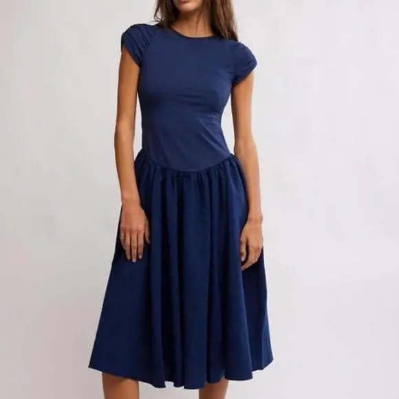 Free People Afternoon Elegance Midi Dress Drop Waist 95% Cotton Size Medium
