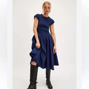 Free People Afternoon Elegance Midi Dress in Indigo Pura Retail $148 NWOT