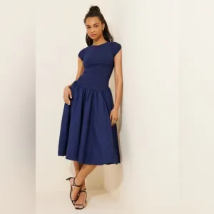 FREE PEOPLE Afternoon Elegance Midi Dress in Navy Sz XS NEW $148!