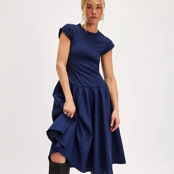 Free People Afternoon Elegance Midi Dress Navy Blue Sz XS NEW 50's Style Vintage