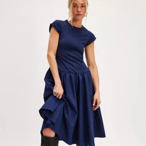 Free People Afternoon Elegance Midi Dress Navy Blue Sz XS NEW 50's Style Vintage