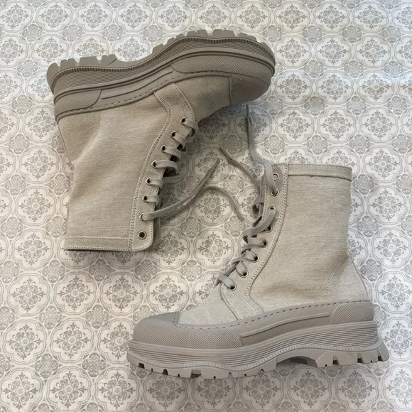 Free People Camp Out Natural Canvas Lace-Up Combat Boots Women's Size 36