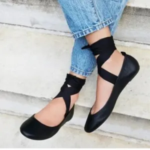 Free People Cece Wrap Ballet Flats Almond Toe Black Ankle Wrap Size 41 U…