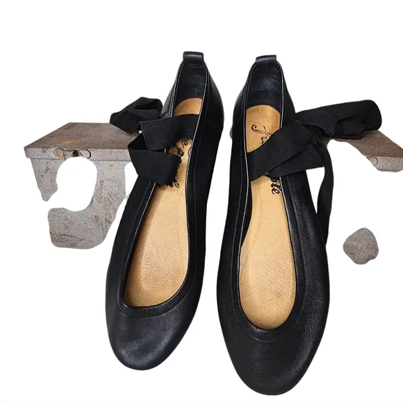 Free People Cece Wrap Ballet Flats Almond Toe Black Ankle Wrap Size 41 U…