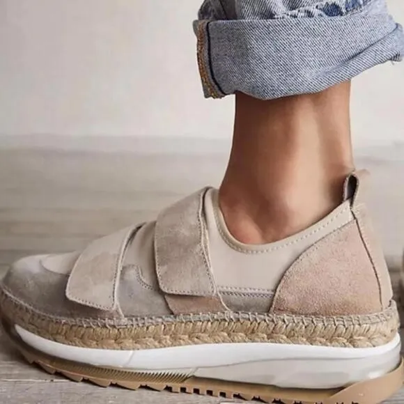 FREE PEOPLE Chaplin Double Take Espadrille Platform Sneakers,Tan/Cream, 38 (7.5)