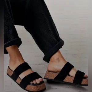 Free People Fairmount Flared Sandals Slip on Puffy Straps Black