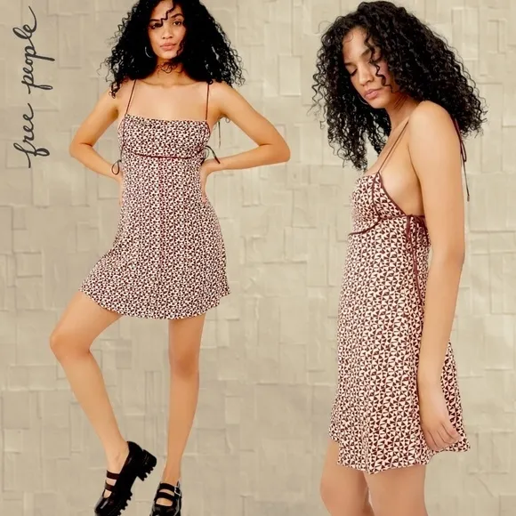 FREE PEOPLE Kai Print Slinky-Long-Tie-Strap Empire Waist Minidress NWT/LG