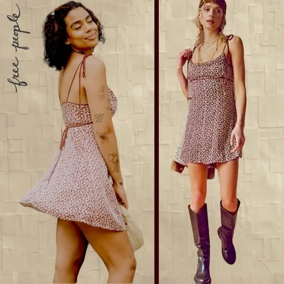 FREE PEOPLE Kai Print Slinky-Long-Tie-Strap Empire Waist Minidress NWT/LG