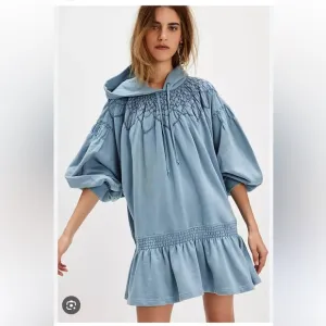 Free People Marty Smocked Embroidered Sweatshirt Hoodie Mini Dress XL