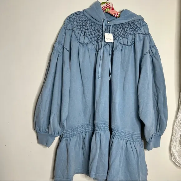 Free People Marty Smocked Embroidered Sweatshirt Hoodie Mini Dress XL
