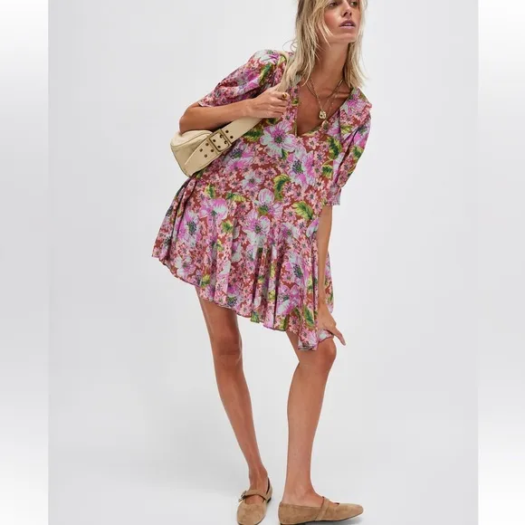Free People Moon Chaser Floral Print Mini Dress in Chestnut combo