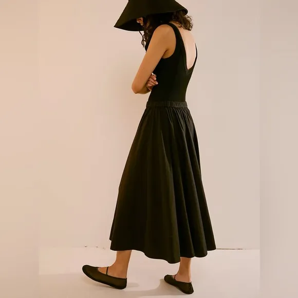 Free People. NWT. Lower Midi Skirt. Black. Cotton. Medium.