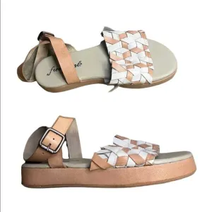 Free People Sandals Womens 39 Tan White Flatform Ankle Strap Wrap Neutral