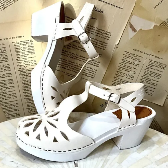 Free People Swedish Hasbeens Lacy Clogs Sandals T Strap White Leather