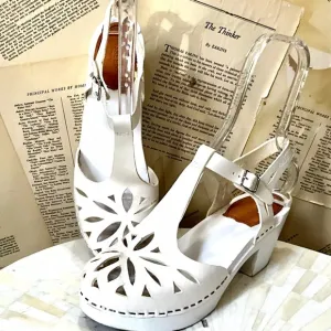 Free People Swedish Hasbeens Lacy Clogs Sandals T Strap White Leather