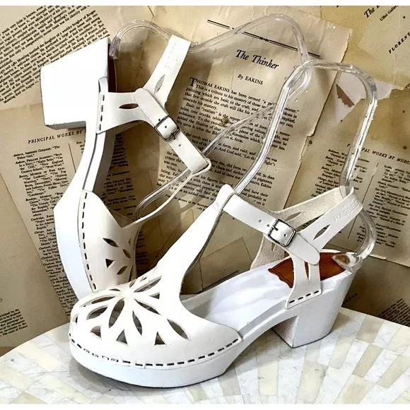 Free People Swedish Hasbeens Lacy Clogs Sandals T Strap White Leather