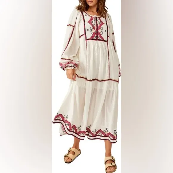 Free People Sweet Escape Midi Embroidered Bohemian Dress Size Medium ~ NWOT