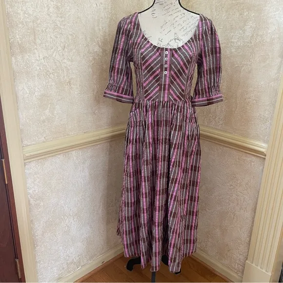 Free People Tulie Plaid Midi Dress Brown Pink with pockets Size XS
