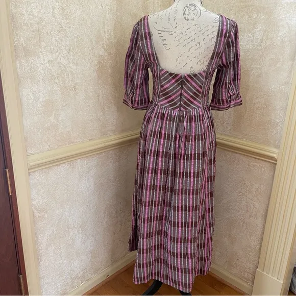 Free People Tulie Plaid Midi Dress Brown Pink with pockets Size XS