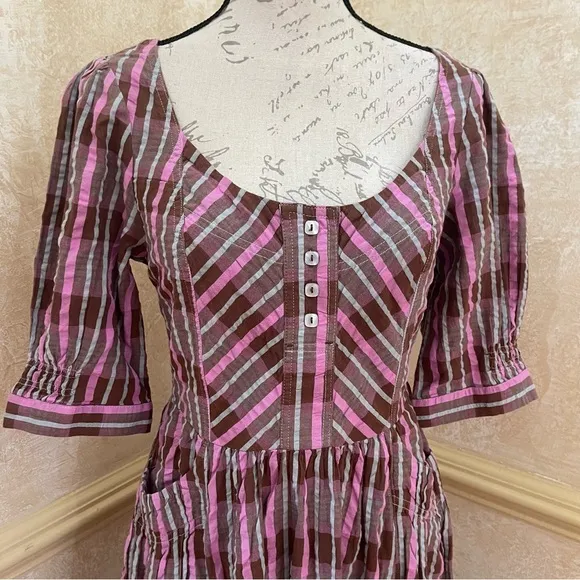 Free People Tulie Plaid Midi Dress Brown Pink with pockets Size XS