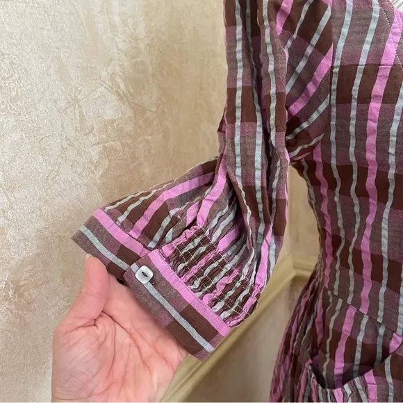 Free People Tulie Plaid Midi Dress Brown Pink with pockets Size XS