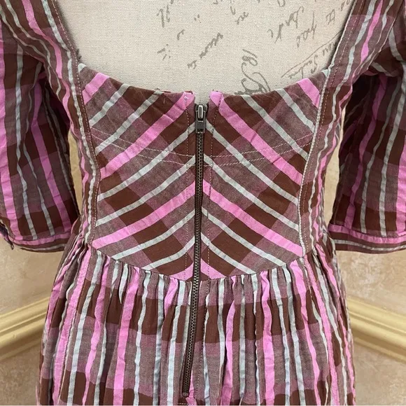 Free People Tulie Plaid Midi Dress Brown Pink with pockets Size XS