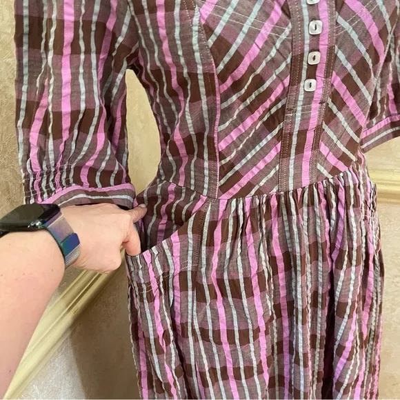Free People Tulie Plaid Midi Dress Brown Pink with pockets Size XS