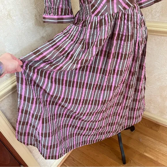 Free People Tulie Plaid Midi Dress Brown Pink with pockets Size XS