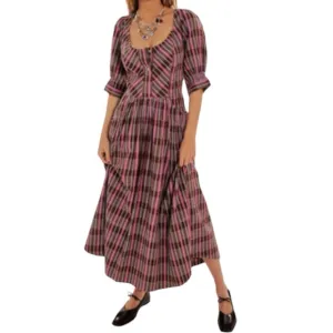 Free People Tulie Plaid Midi Dress Brown Pink with pockets Size XS