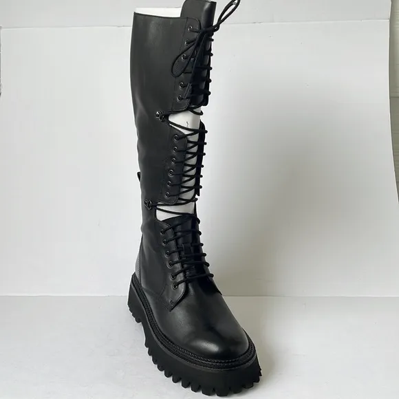 Free People Womens Miller Cut Out Lace Up Knee High Leather Boots Black