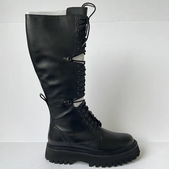 Free People Womens Miller Cut Out Lace Up Knee High Leather Boots Black