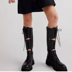 Free People Womens Miller Cut Out Lace Up Knee High Leather Boots Black