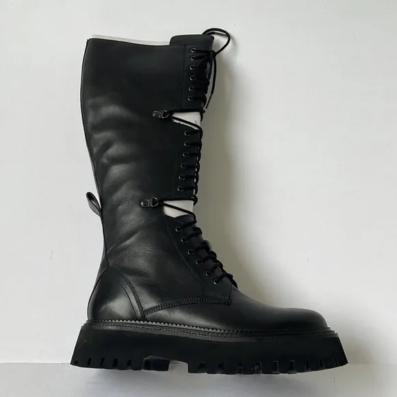 Free People Womens Miller Cut Out Lace Up Knee High Leather Boots Black