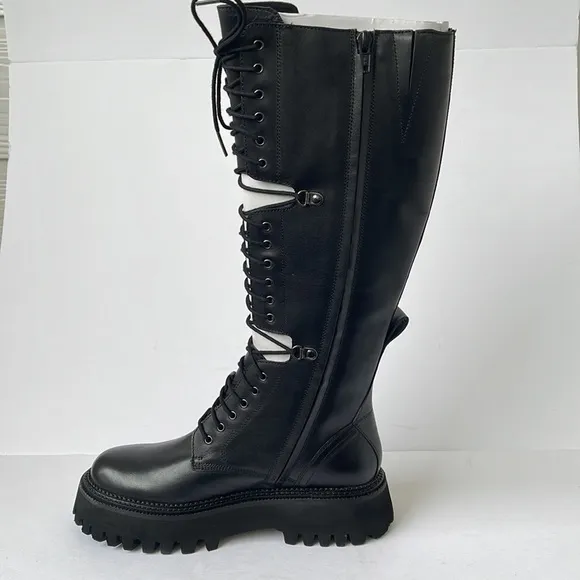 Free People Womens Miller Cut Out Lace Up Knee High Leather Boots Black