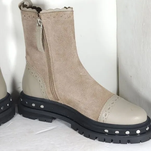 Free People Women's US 7 Tate Oyster Suede Studded Lug Sole Chelsea Boots New