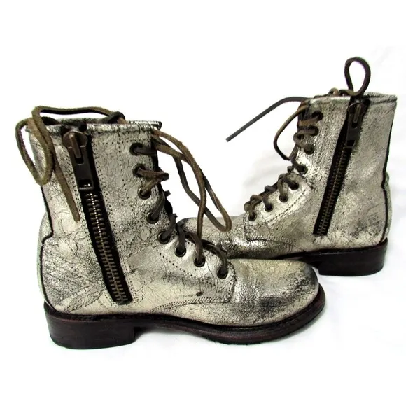 Freebird Gold Crackle Leather Manchester Zip Sides Combat Boots Size 6 EUC
