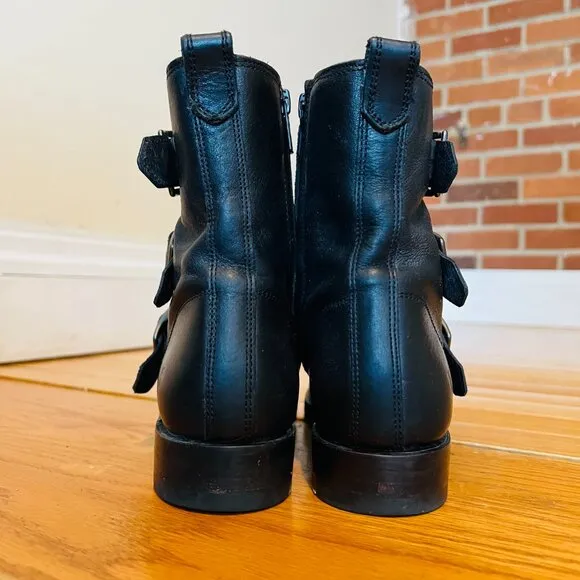 Frye Biker Chelsea Boots Combat Moto Natalie Triple Buckle Black Leather 6.5 B