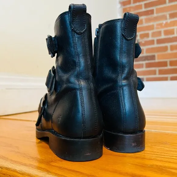 Frye Biker Chelsea Boots Combat Moto Natalie Triple Buckle Black Leather 6.5 B