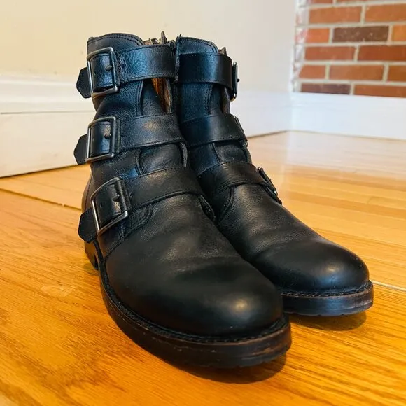 Frye Biker Chelsea Boots Combat Moto Natalie Triple Buckle Black Leather 6.5 B