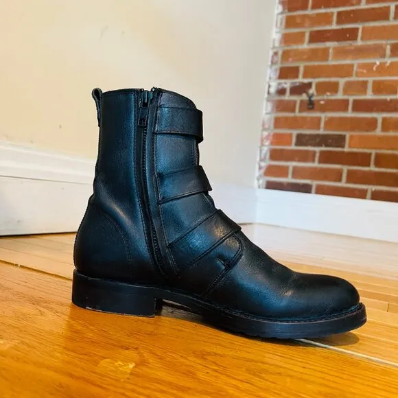 Frye Biker Chelsea Boots Combat Moto Natalie Triple Buckle Black Leather 6.5 B