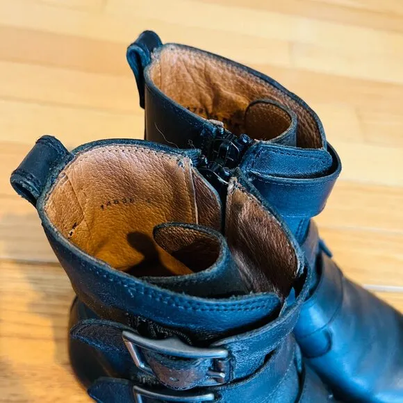 Frye Biker Chelsea Boots Combat Moto Natalie Triple Buckle Black Leather 6.5 B