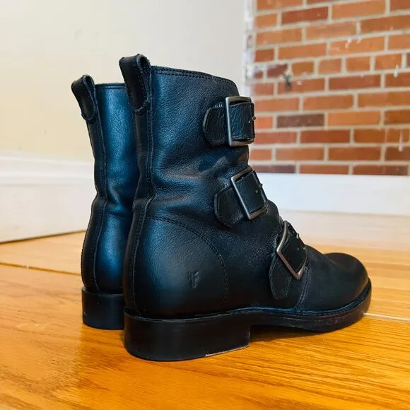 Frye Biker Chelsea Boots Combat Moto Natalie Triple Buckle Black Leather 6.5 B