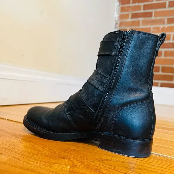Frye Biker Chelsea Boots Combat Moto Natalie Triple Buckle Black Leather 6.5 B
