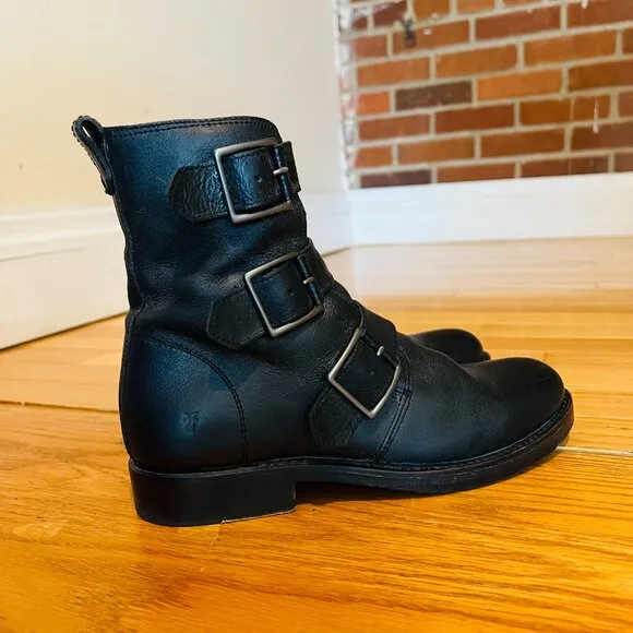 Frye Biker Chelsea Boots Combat Moto Natalie Triple Buckle Black Leather 6.5 B