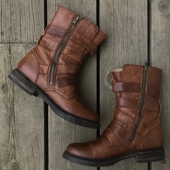FRYE Boot VERONICA TANKER ENGINEER Combat Boho Distressed Leather Cognac Size 8
