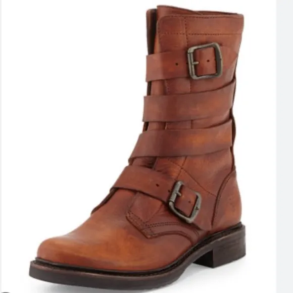 FRYE Boot VERONICA TANKER ENGINEER Combat Boho Distressed Leather Cognac Size 8