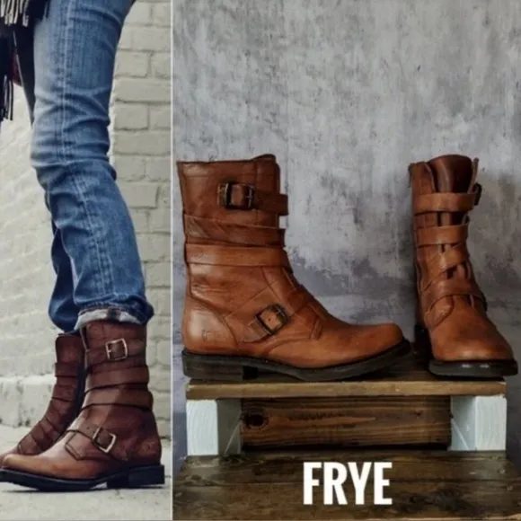 FRYE Boot VERONICA TANKER ENGINEER Combat Boho Distressed Leather Cognac Size 8